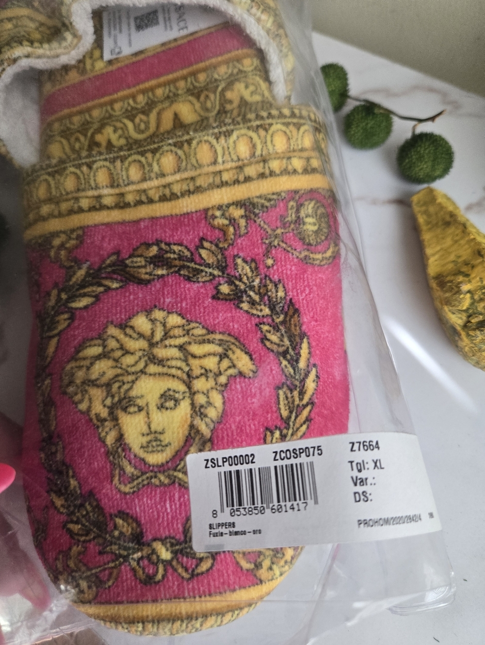 NWT Versace Medusa Baroque Print Pink Cotton Slippers Size XL - Picture 10 of 11